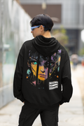 Cerebral Divide back-print hoodie by Lines Of White — back view, worn by a man with sunglasses