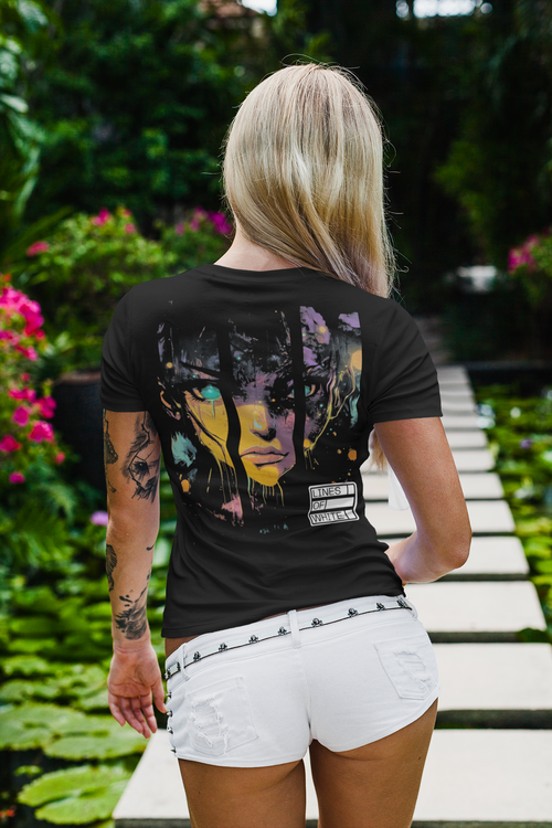 Cerebral Divide back-print tee by Lines Of White — back view, worn by a long-haired woman