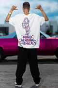 Mind Bending back-print tee by Lines Of White — back view, worn by a man pointing at his tee
