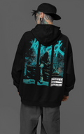 Kick Back back-print hoodie by Lines Of White — back view, worn by a man with a tattooed face