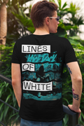 Kick Back back-print tee by Lines Of White — back view, worn by a man with sunglasses and an arm tattoo