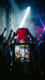 Nameless t-shirt back print worn in a warehouse rave under a strobe light