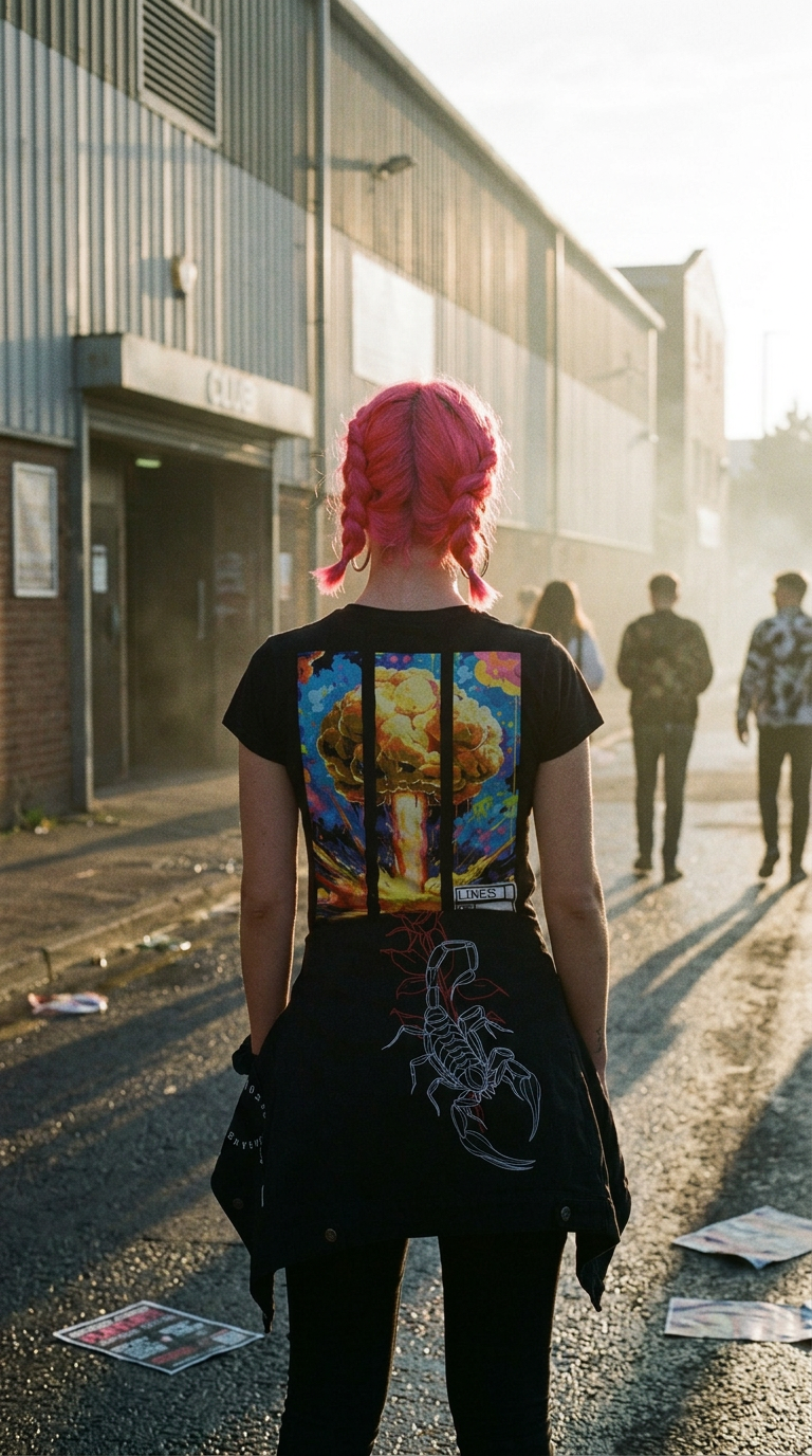 Golden Hour t-shirt back print in warm sunrise light outside a club after an all-nighter