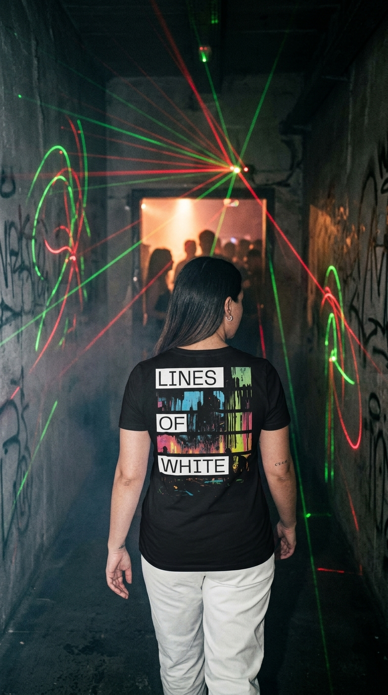 Time For The Underground t-shirt back print in a laser-lit club corridor