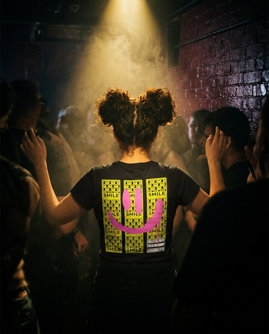 Smile t-shirt back print under a warm spotlight in a sweaty basement club