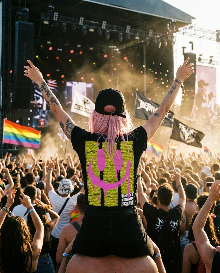 Smile Face t-shirt back print seen above a summer festival crowd in golden light