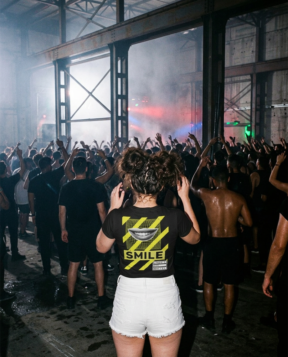 Smile Warehouse t-shirt back print in an industrial warehouse rave with strobe flash