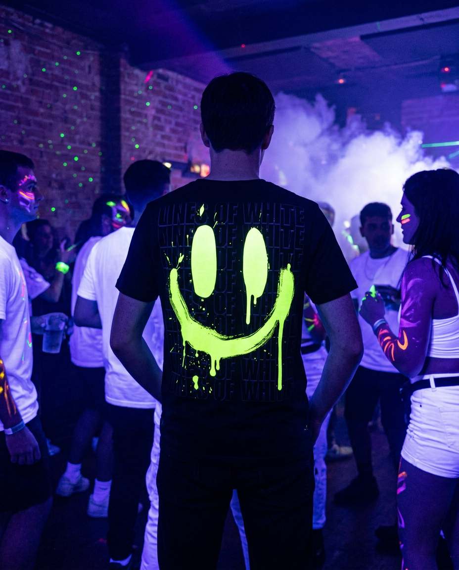Neon Drip Smiley yellow t-shirt back print glowing under UV blacklight in a club