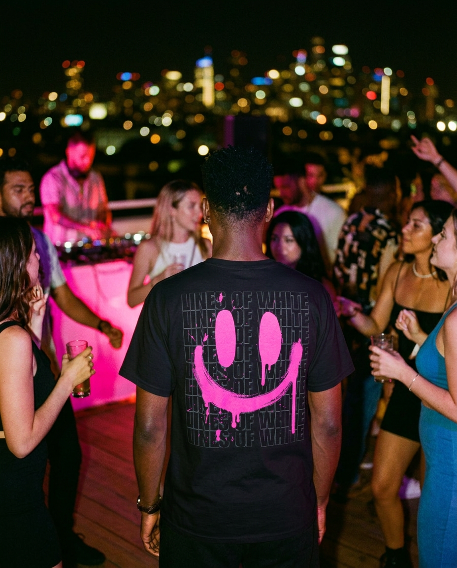 Neon Drip Smiley pink t-shirt back print at a rooftop party with city lights
