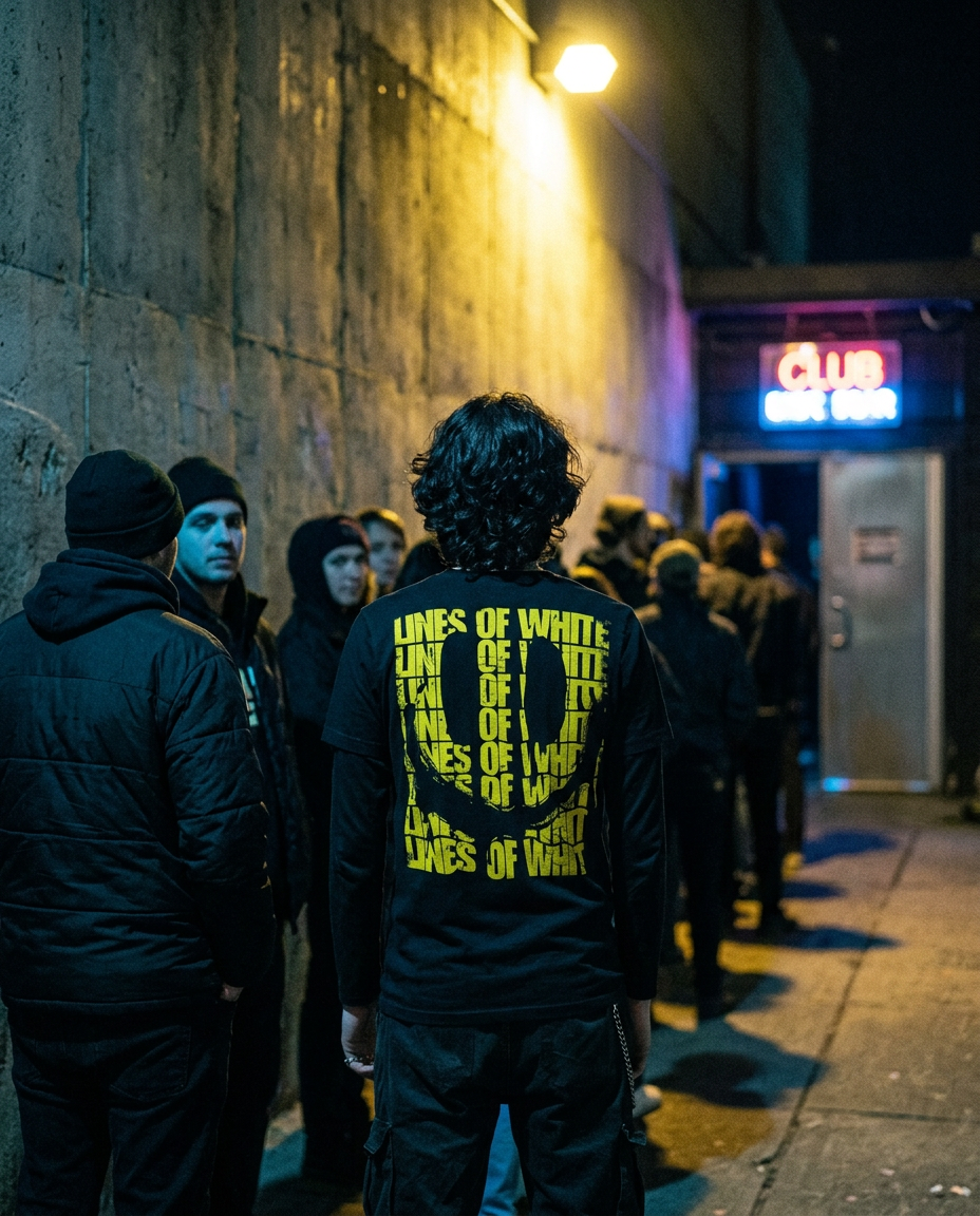 Yellow Smile t-shirt back print in a night-time club queue against a concrete wall