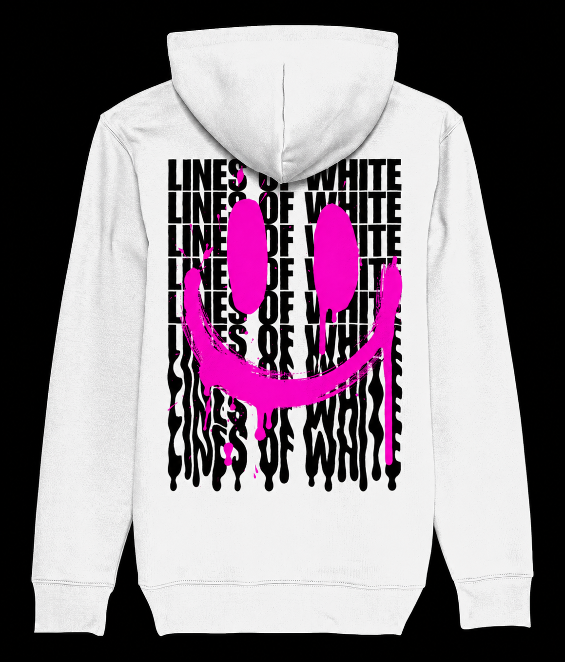 Melting pink Smile white hoodie — back — black background