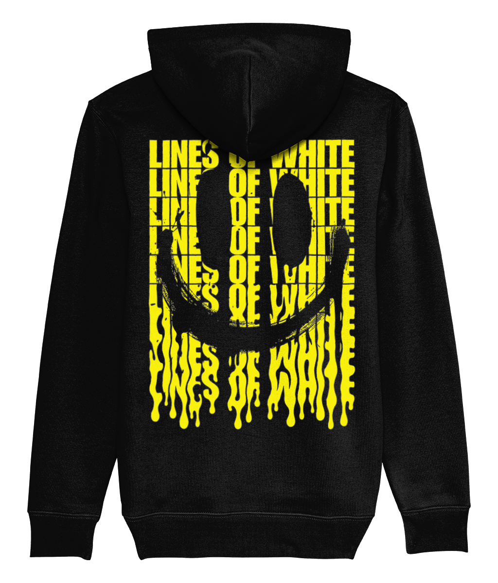 Melting Yellow Smile — Black hoodie — back — white background