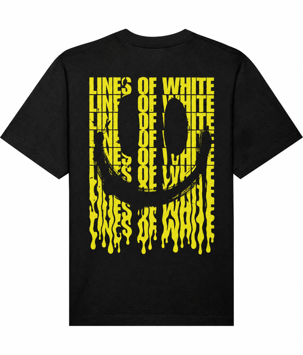 Melting Yellow Smile — Black tee — back — white background