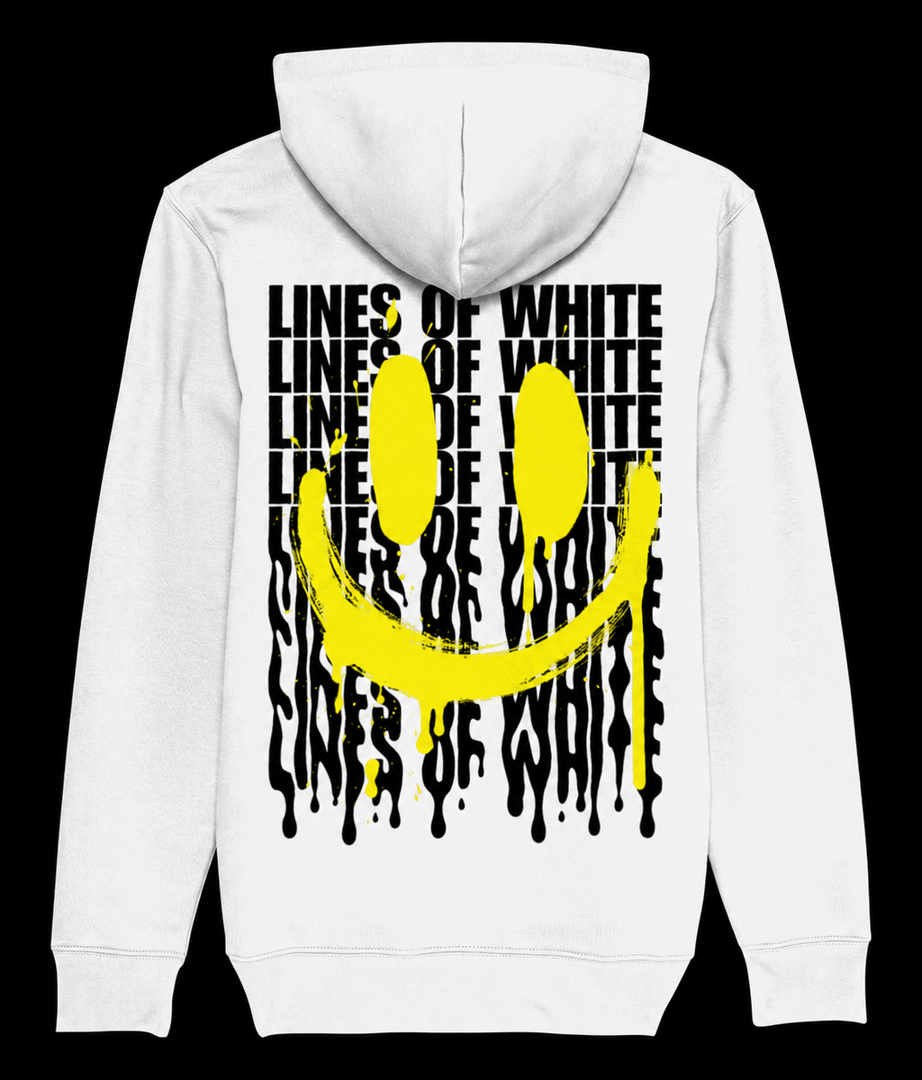Melting yellow Smile white hoodie — back — black background