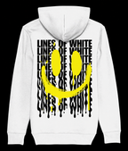 Melting yellow Smile white hoodie — back — black background