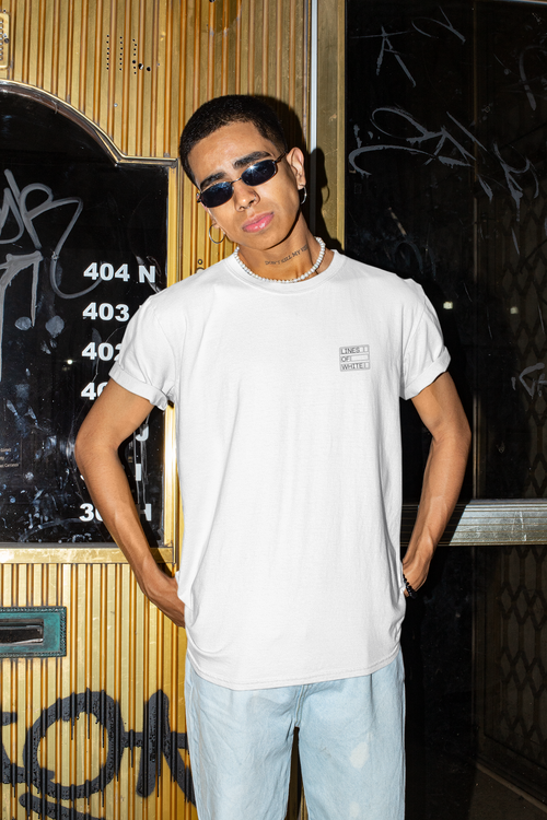 Acid Drip back-print tee by Lines Of White — worn by a man on the street